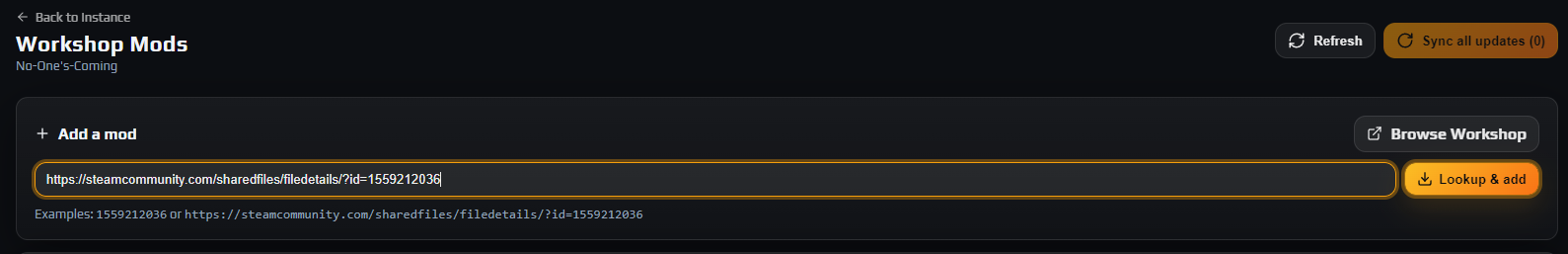 Add a mod card with a Workshop URL pasted into the input and the Lookup and add button beside it
