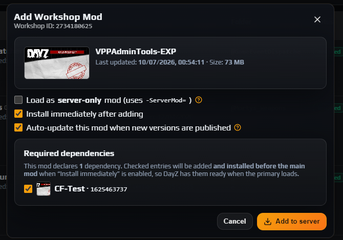 Add Workshop Mod dialog showing the server-only, install immediately and auto-update checkboxes