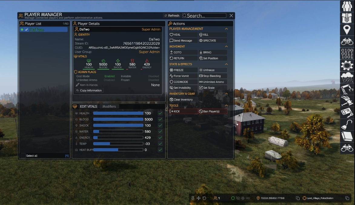 The VPP Admin Tools menu open in game showing the toolbar of feature buttons