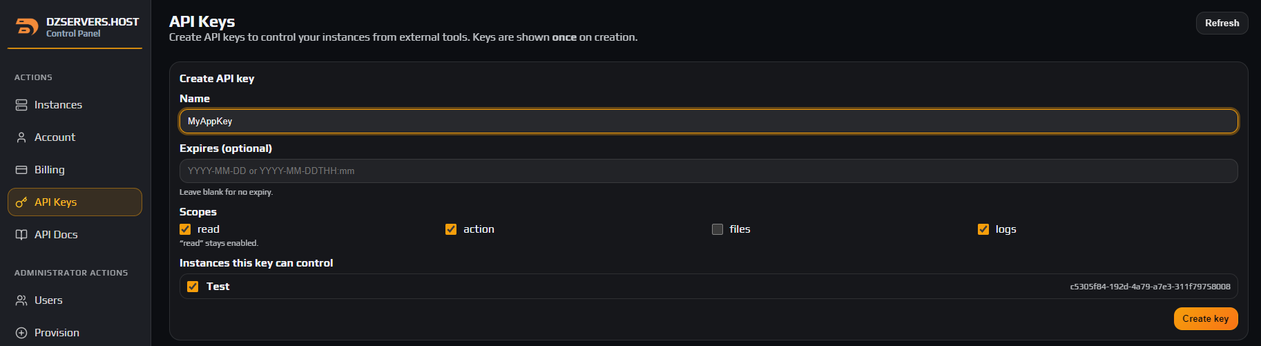 Create API key card with a name, blank expiry, read and action scopes ticked and one instance selected