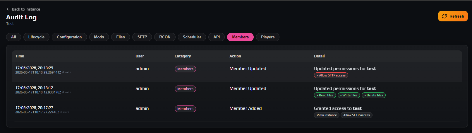 Audit Log filtered to the Members category showing a permission change with green plus and red minus badges