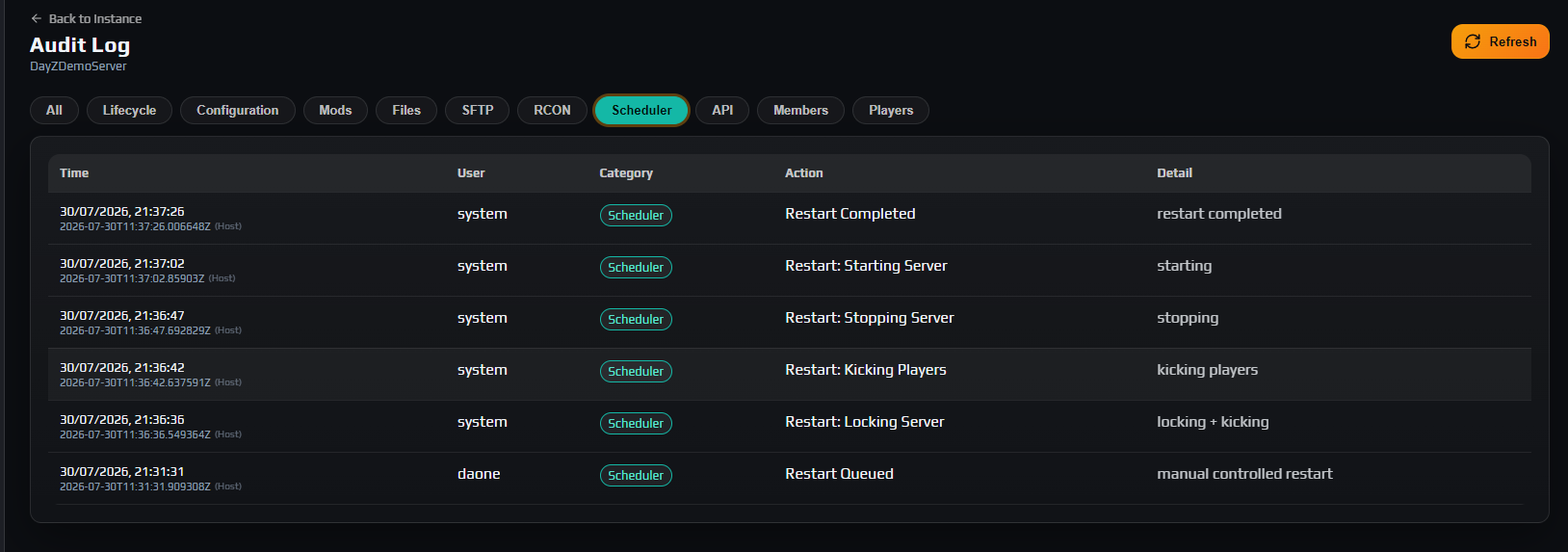 Audit Log tab filtered to the Scheduler category showing a full sequence of restart entries
