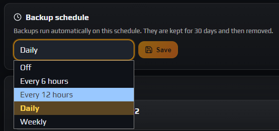 The Backup schedule card with the frequency dropdown open showing Off, Every 6 hours, Every 12 hours, Daily and Weekly
