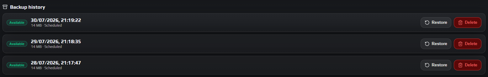 Backup history rows with Available status pills, timestamps, sizes and Scheduled labels beside Restore and Delete buttons