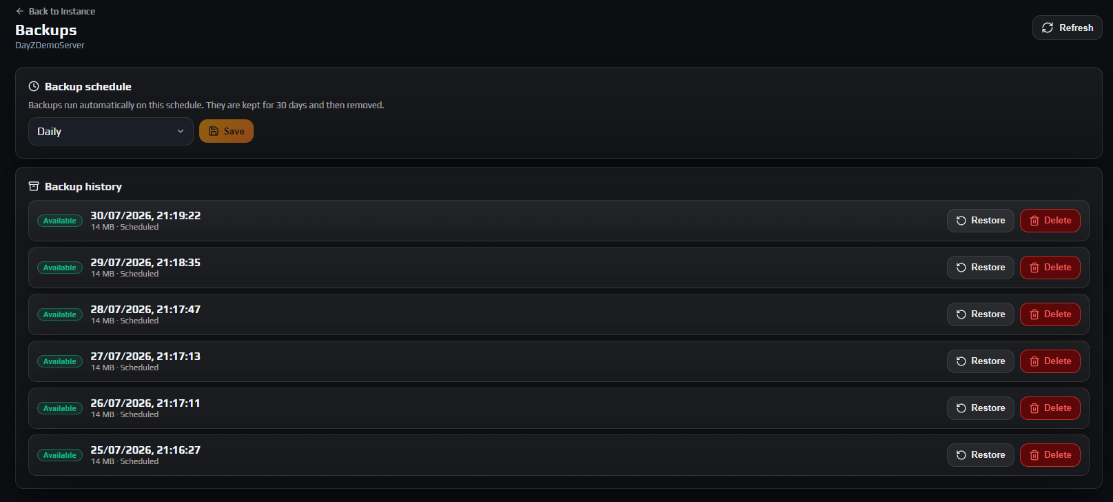 The Backups tab showing the Backup schedule card set to Daily above a Backup history list of available backups