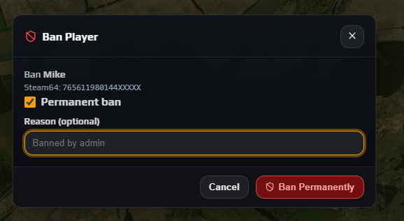 Ban Player dialog opened from a Live Map row, pre-filled with a player name and Steam64 and Permanent ban ticked