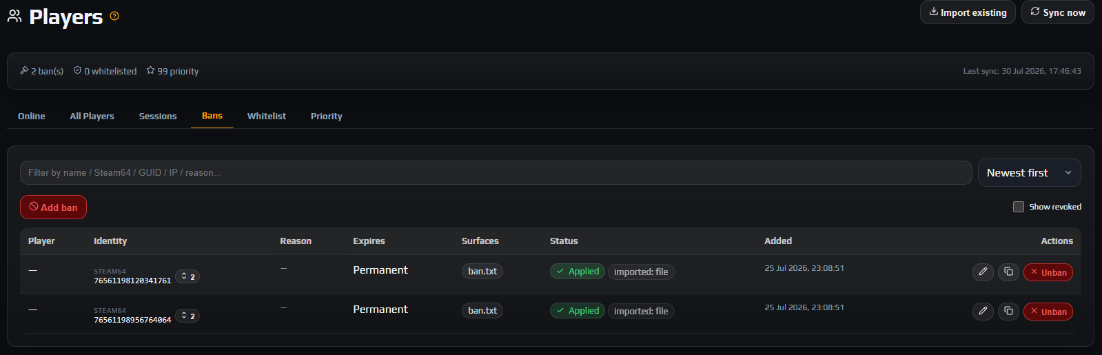 Bans tab rows showing Reason, Expires, ban.txt and BE surface badges, green Applied status chips and Unban buttons