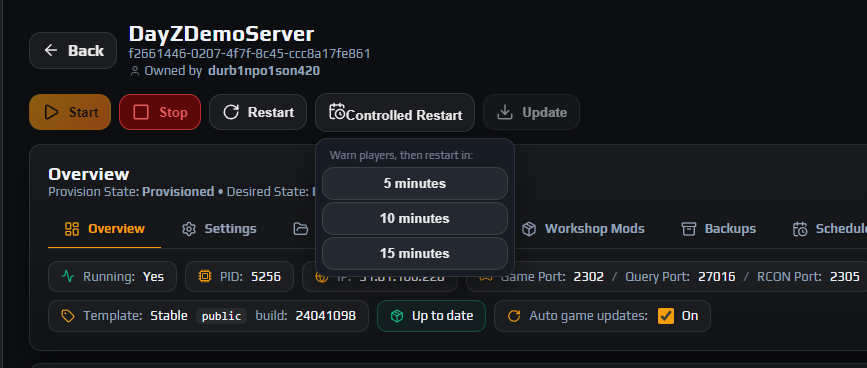 Overview power controls with the Controlled Restart dropdown open showing 5, 10 and 15 minute options