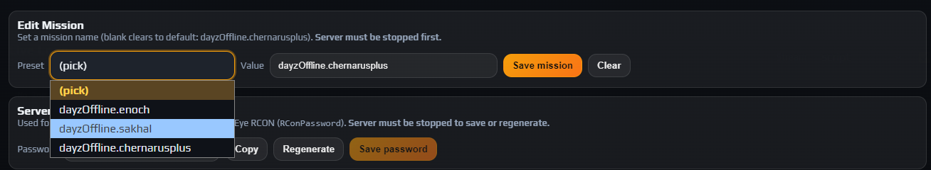 Edit Mission section of Instance Settings with the Preset dropdown open showing the three stock missions