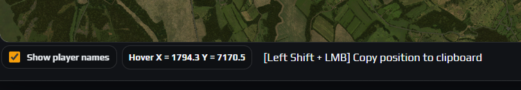 Bottom of the Live Map showing the Show player names checkbox, the Hover X and Y readout and the shift-click hint