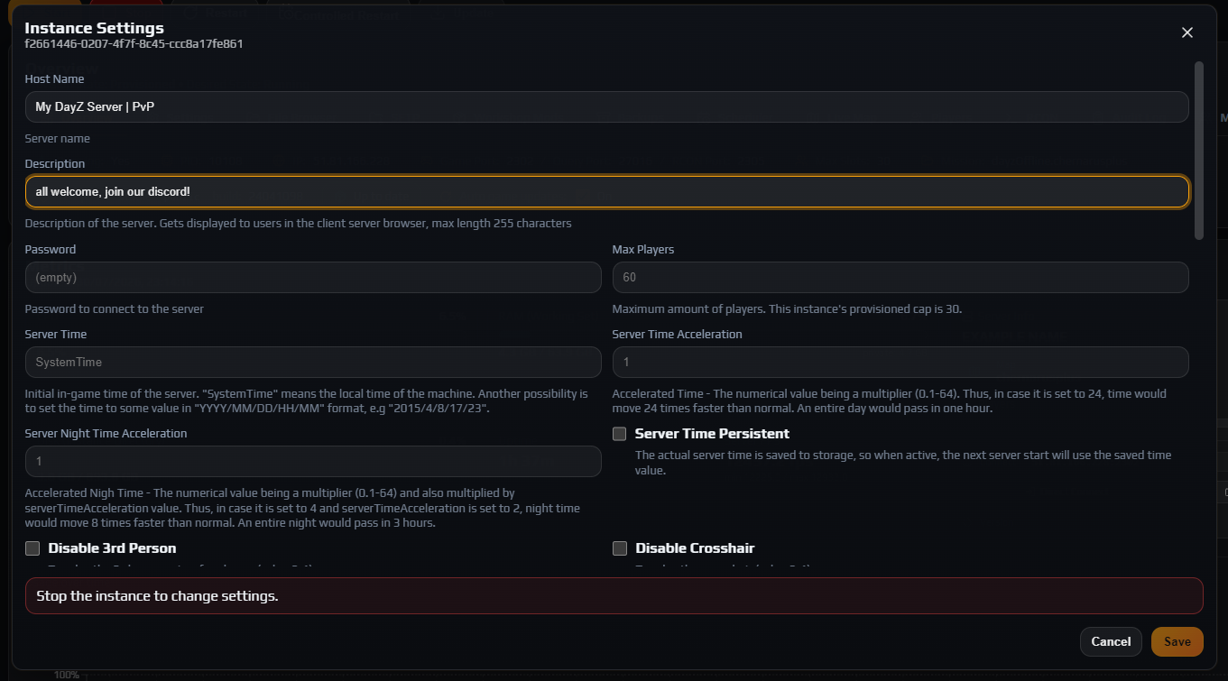 Instance Settings panel with Host Name, Description and Max Players filled in