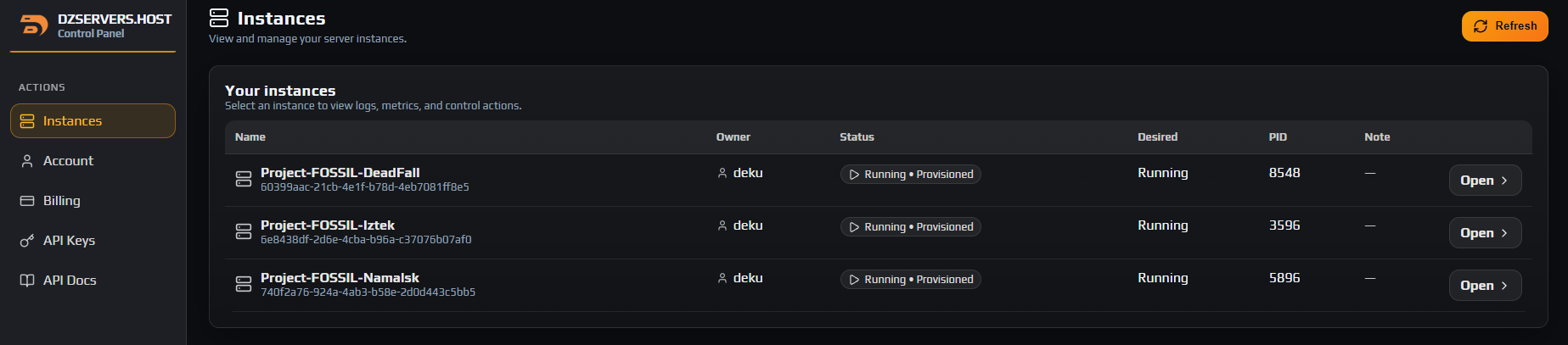 The Instances page listing one DayZ server with a Stopped status pill