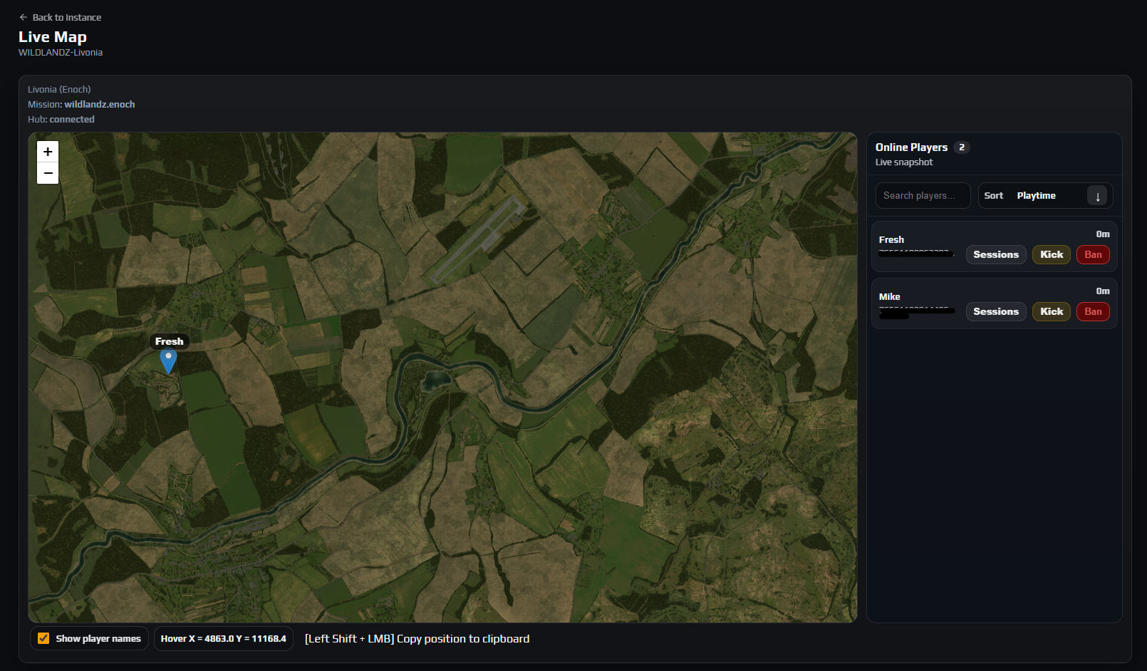 Live Map tab showing Chernarus with several player markers and the Online Players panel on the right