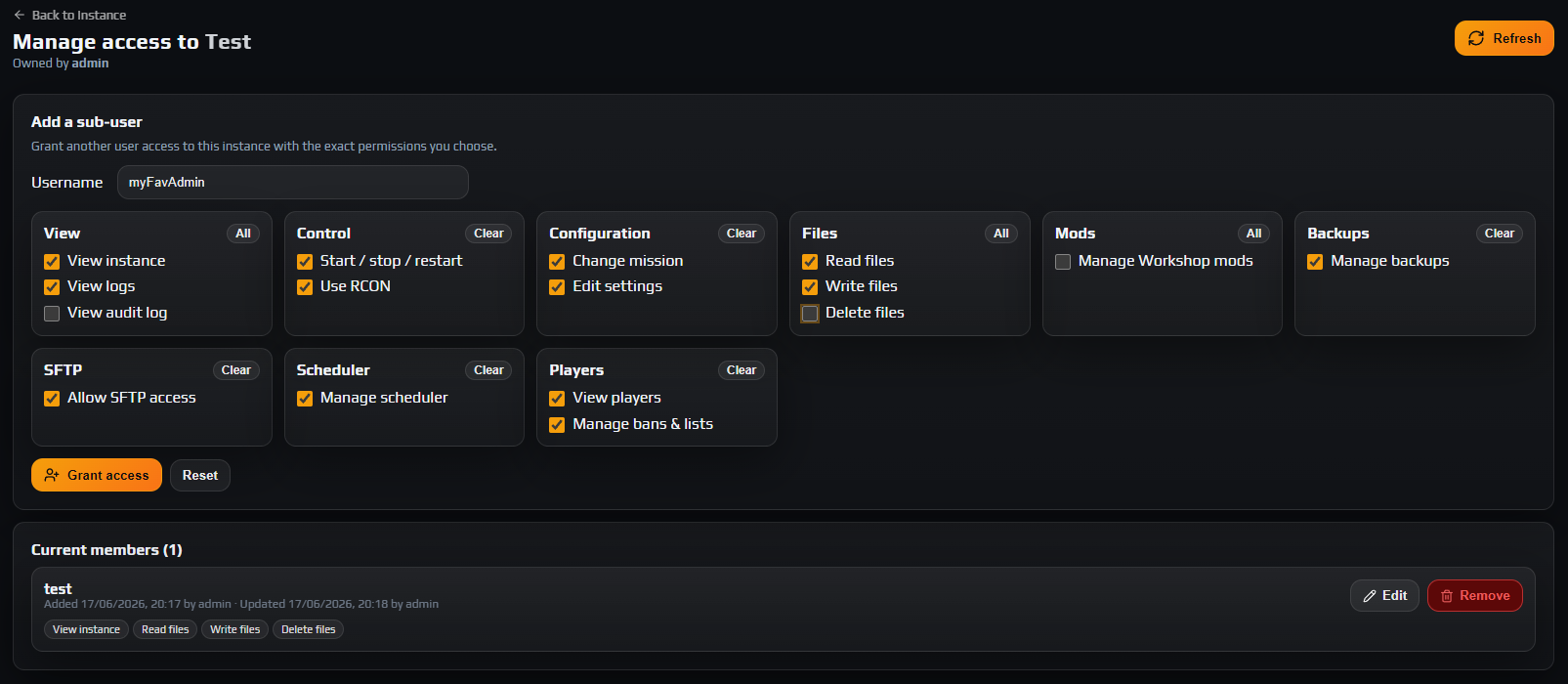 Add a sub-user card with a username entered and the nine permission group cards below it