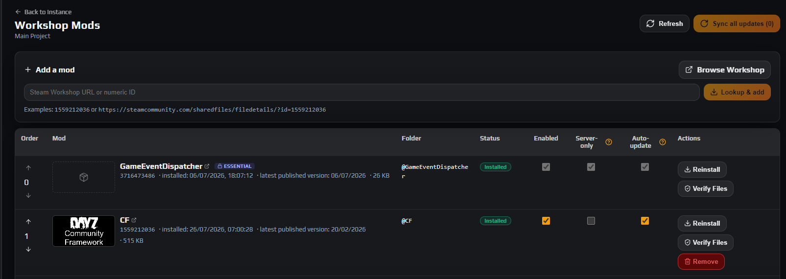 Workshop Mods table with a rebuilt mod list showing Order arrows, status pills and one Essential padlocked row