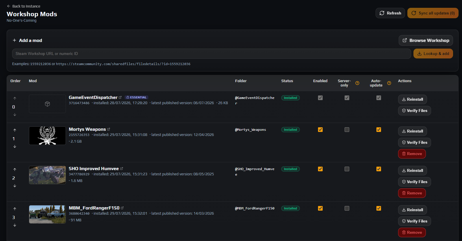 Workshop Mods tab listing four mods with Order, Folder, Status, Enabled, Server-only and Auto-update columns