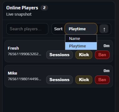 Online Players panel with a count badge, search box, Sort dropdown and rows offering Sessions, Kick and Ban