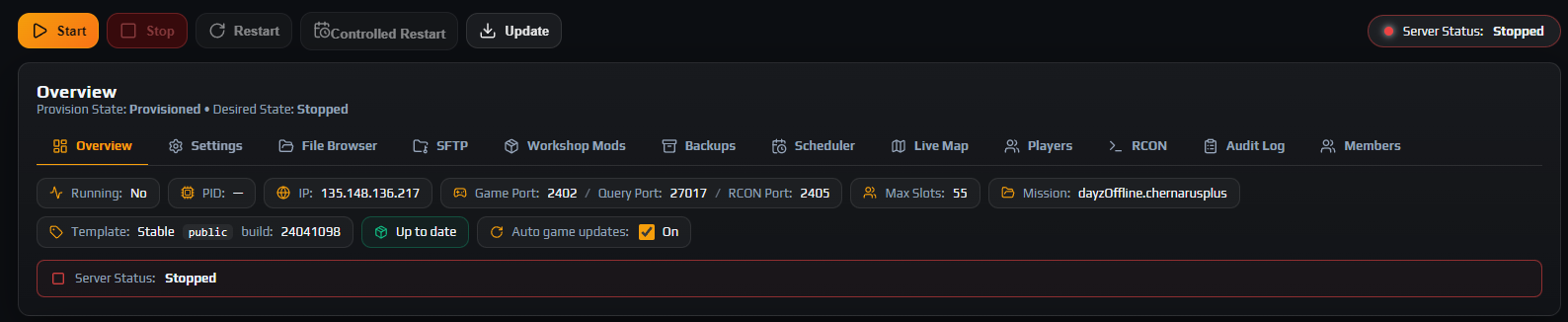 Instance Overview showing Server Status Stopped with the Start button enabled and Stop greyed out