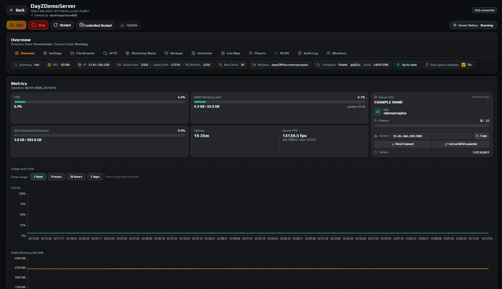 Instance Overview tab showing status pill, connection details, resource meters and the tab bar