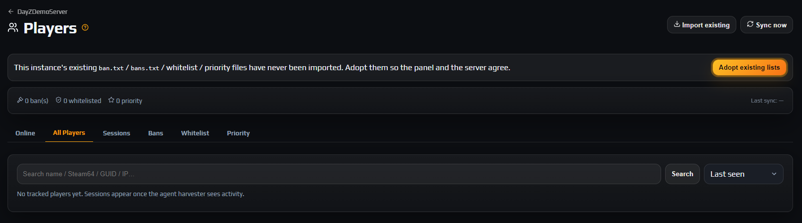 Players tab header with the Import existing button and the Import existing lists confirmation dialog open