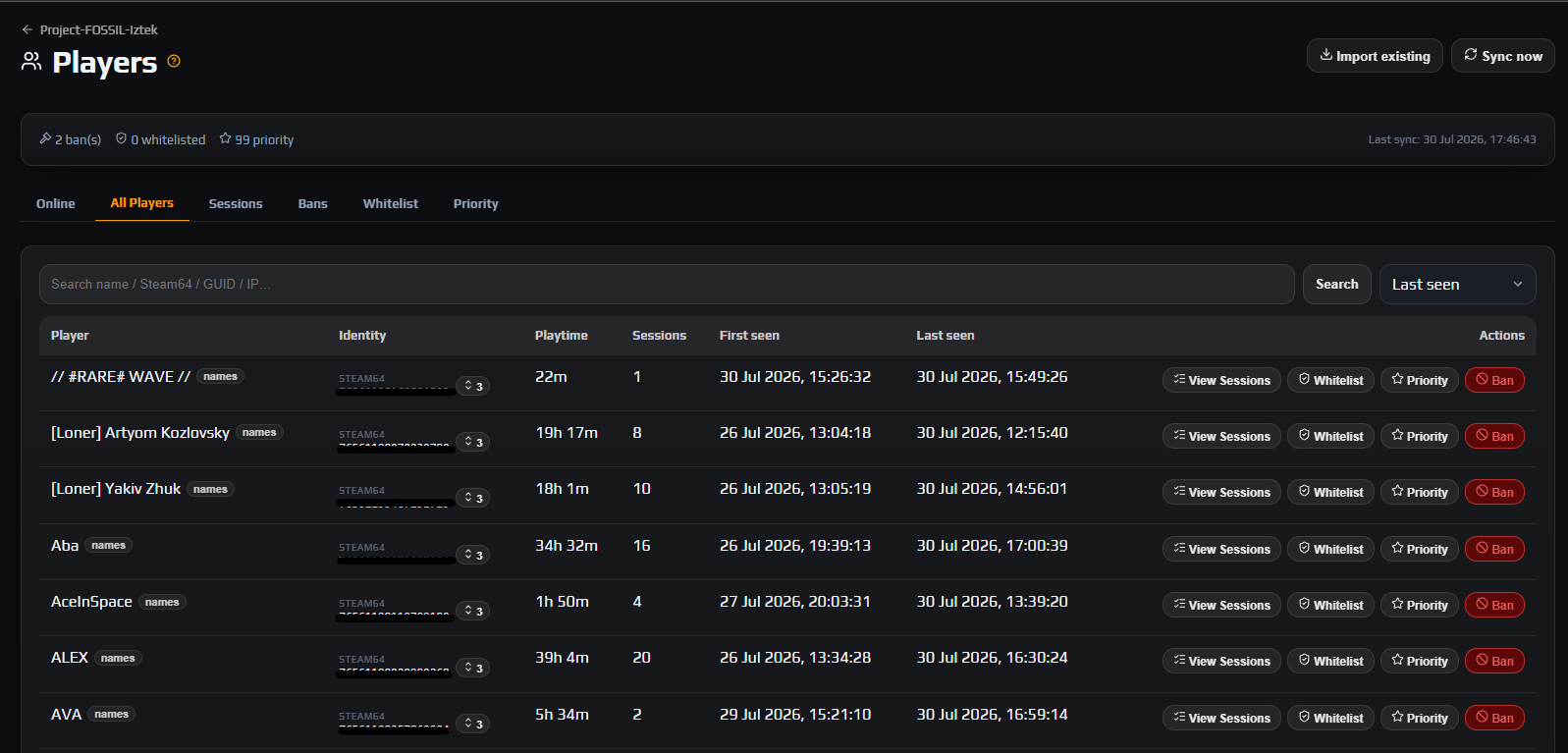 The Players tab with the six sub-tabs, the ban and whitelist status band, Import existing and Sync now buttons, and the roster table