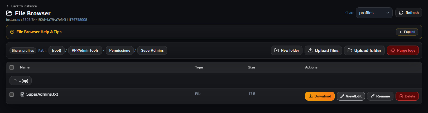 File Browser on the profiles share showing the VPPAdminTools Permissions folder