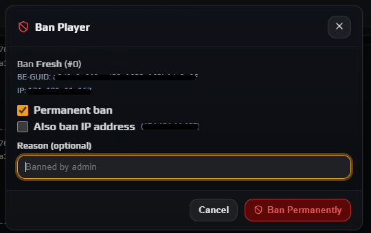 Ban Player panel showing BE-GUID and IP, the Permanent ban and Also ban IP address checkboxes, the Hours and End Date buttons and a Reason field