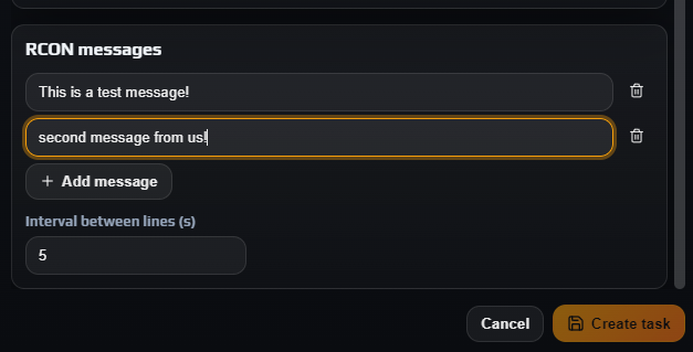 RCON messages card with three broadcast lines and the interval between lines set to 5 seconds