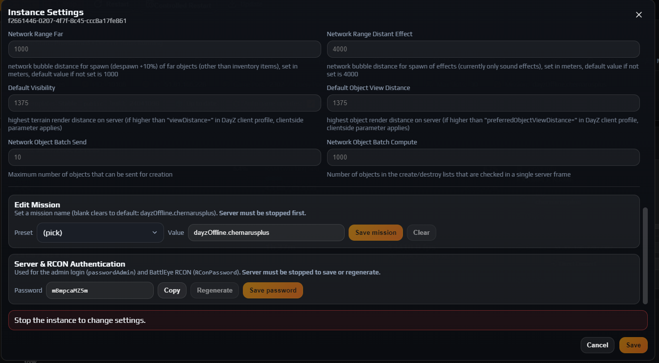 Server and RCON Authentication section with a generated password and Copy, Regenerate and Save password buttons