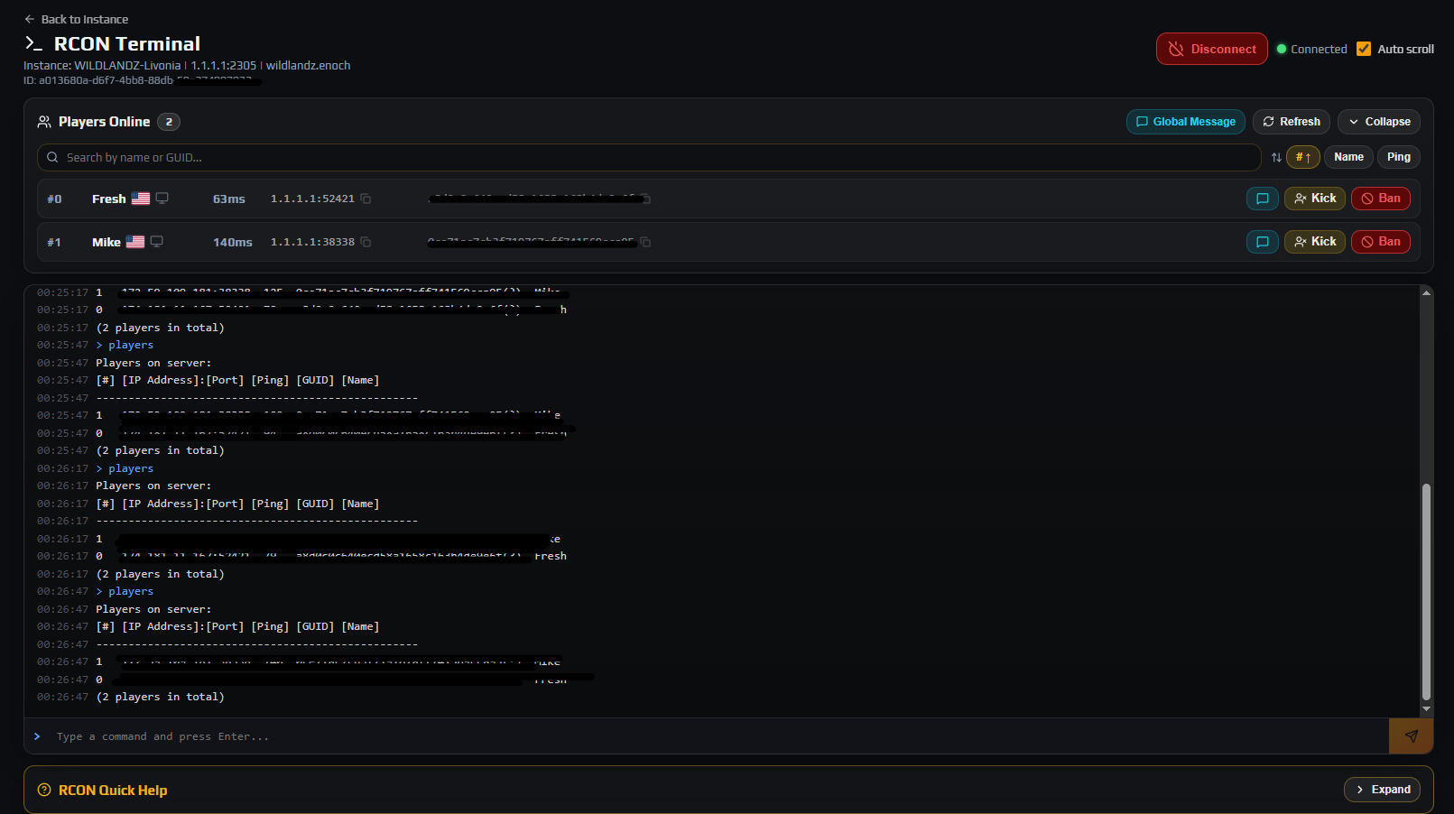 The RCON Terminal page with a green Connected indicator, the Players Online panel listing connected players, and live console output below
