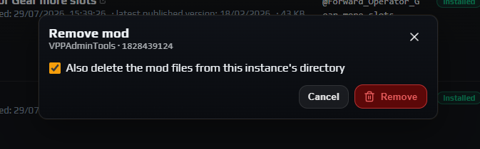 Remove mod dialog warning that other mods depend on this one, listing them above a Remove anyway button