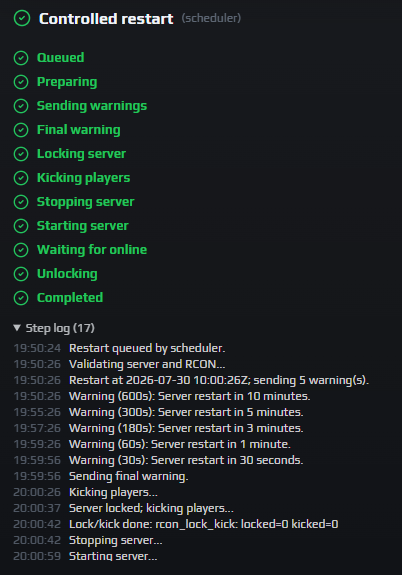 Restart process card showing the five default warning rows, Final warning, Kick reason, Post-kick delay and the #lock checkbox