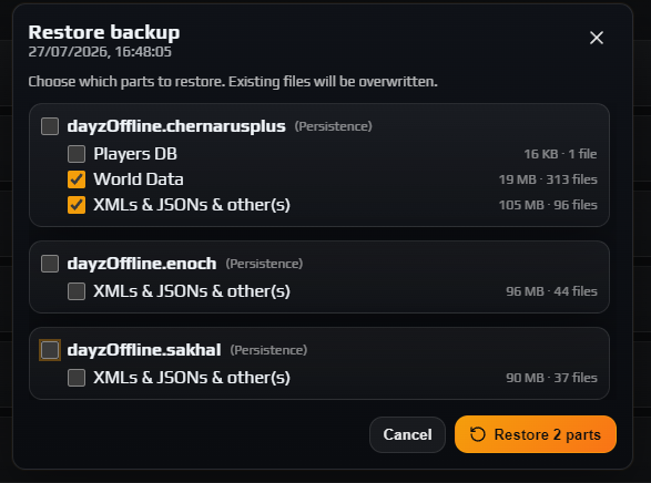 Restore backup panel with a world group expanded and Players DB unticked, World Data and XMLs ticked, above a Restore 2 parts button