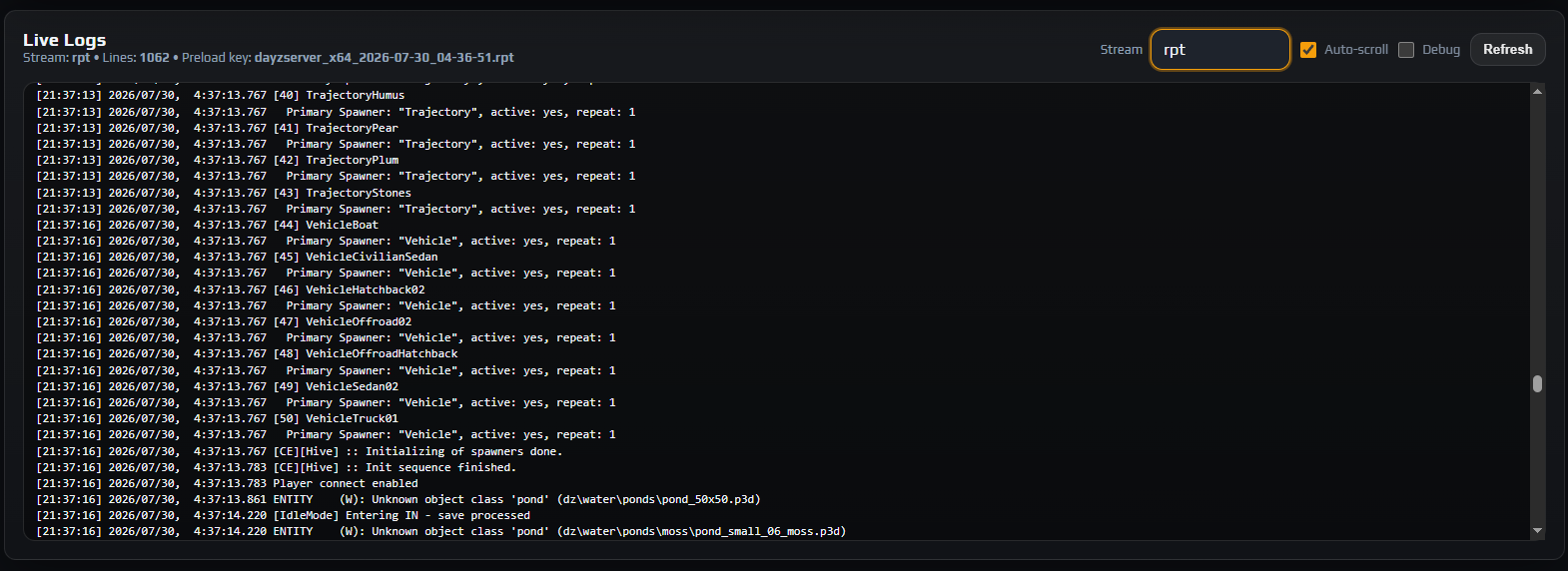 Live Logs card with the Stream dropdown set to rpt showing a clean mission load after a migration