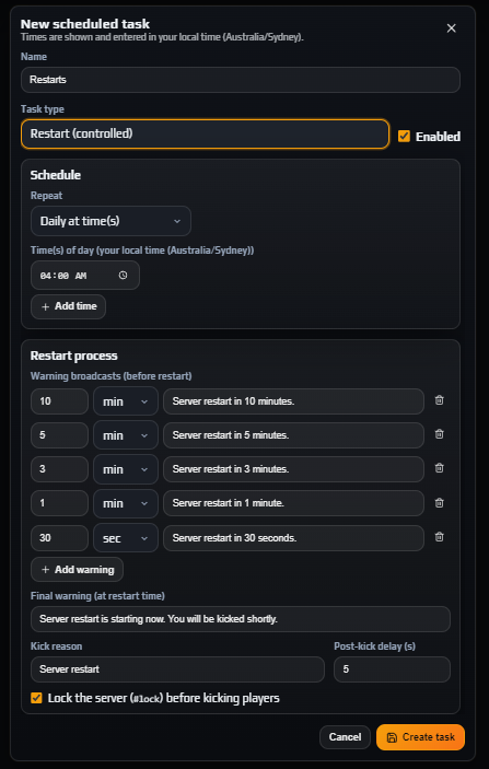 Scheduler task editor with Restart (controlled) selected and the Restart process section showing the warning ladder