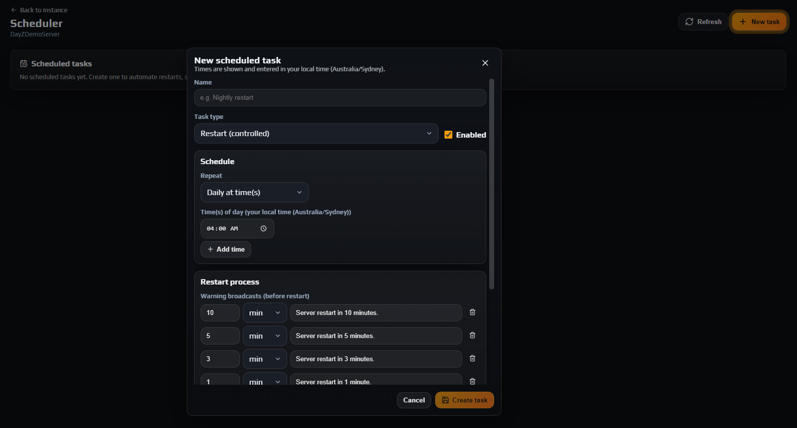 Scheduler task editor creating a daily controlled restart with the default warning ladder