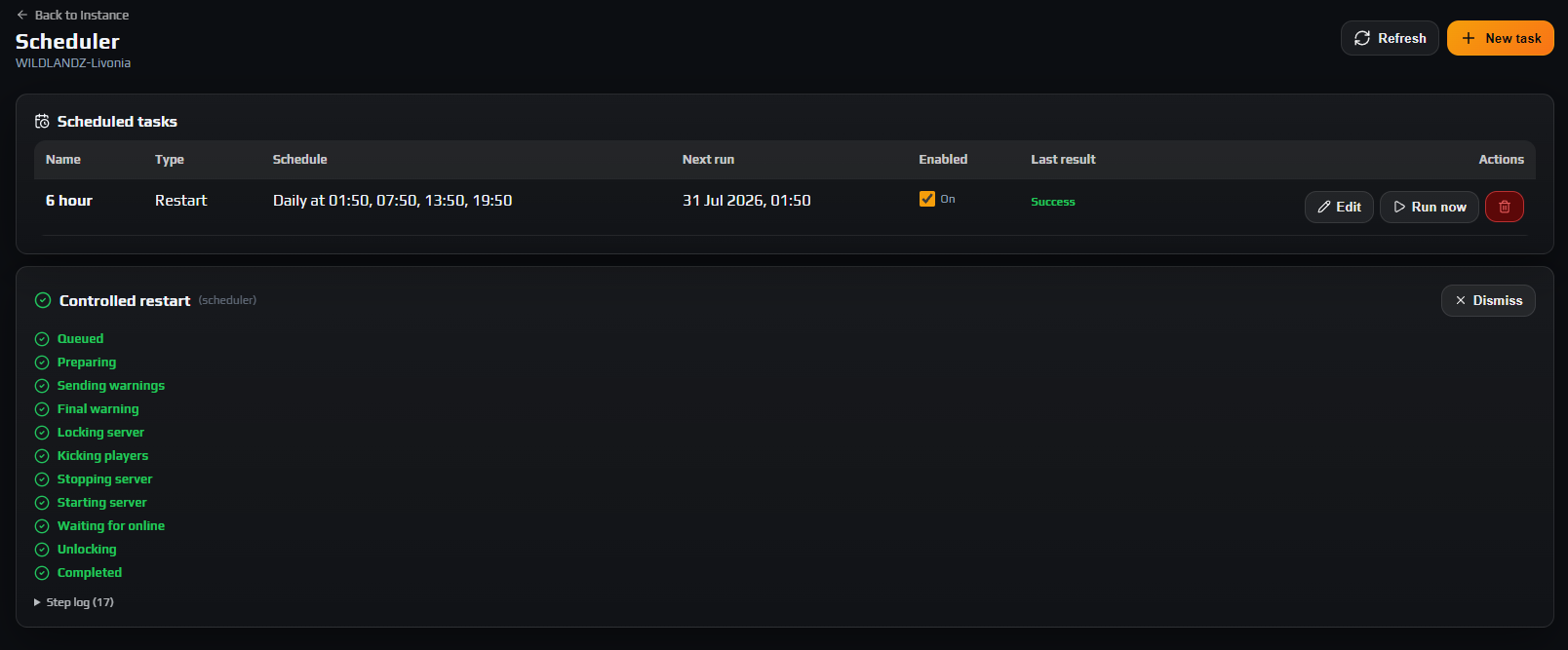 Scheduler tab listing a nightly restart task and an RCON broadcast task with Next run and Last result columns
