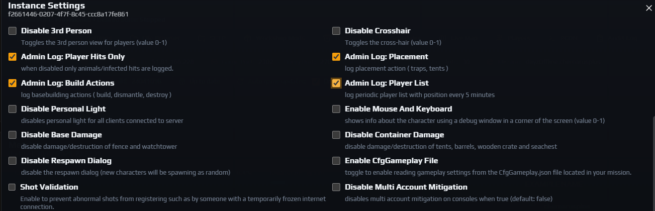 The four Admin Log checkboxes ticked with their help text visible