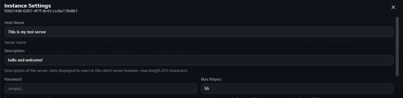 Instance Settings dialog showing the Host Name, Description, Password and Max Players fields with their help text