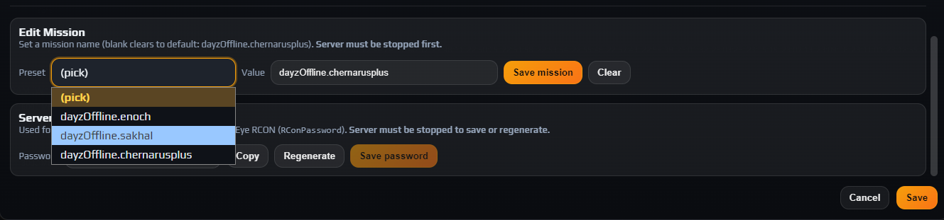 The Edit Mission row with the Preset dropdown open showing the three dayzOffline presets