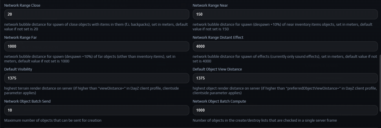 Network Range and view distance fields showing default values of 20, 150, 1000, 4000 and 1375