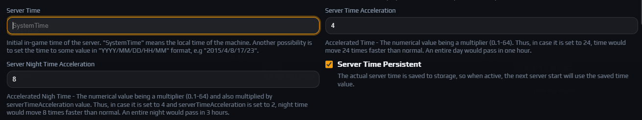 The Server Time, Server Time Acceleration, Server Night Time Acceleration and Server Time Persistent fields filled in