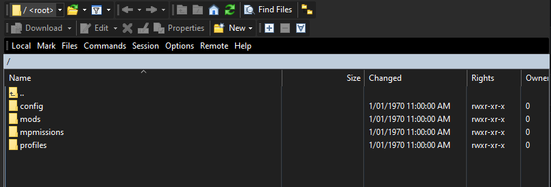 SFTP client remote pane listing the profiles, mpmissions, config and mods folders