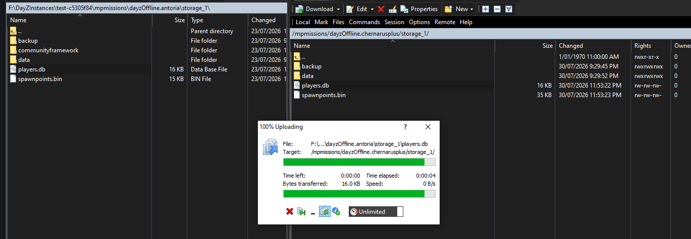 SFTP client transferring a mission folder including storage_1 into the mpmissions share of a stopped instance