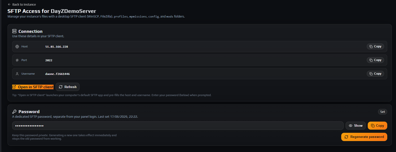 The SFTP tab showing the Connection card with Host, Port and Username, and the Password card below it