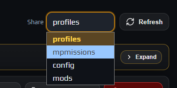 File Browser with the Share dropdown set to mpmissions and a mission folder listed