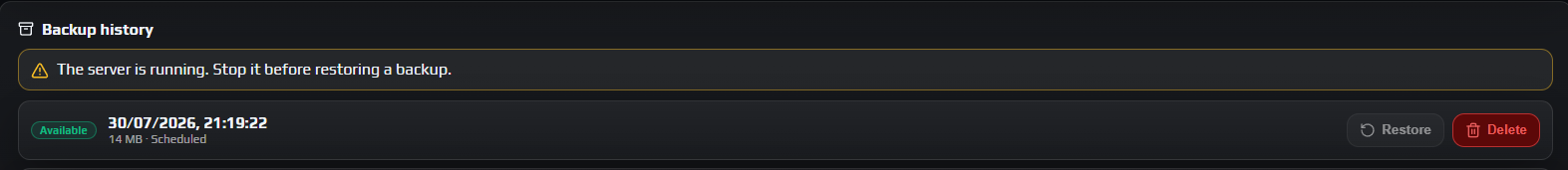 Amber banner reading that the server is running and must be stopped, above a backup row with a greyed out Restore button