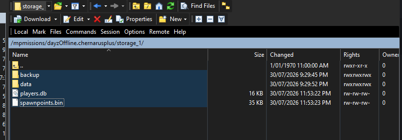 SFTP client remote pane inside storage_1 showing players.db, players.db-wal, players.db-shm and the data folder