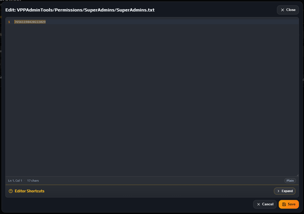 SuperAdmins.txt open in the panel editor containing a single Steam64 ID