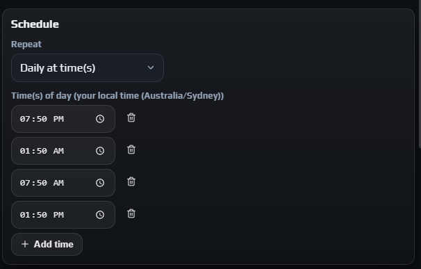 Schedule card with Repeat set to Daily at time(s) and four time fields listed, the local time zone shown in the label